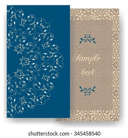 Vintage romantic cards. Floral decorations, leaves, flowers patterns ornaments. Vector. Luxury elegant. Retro template design for Restaurant, Royalty, Boutique, Hotel, Jewelry, Fashion, Real estate.