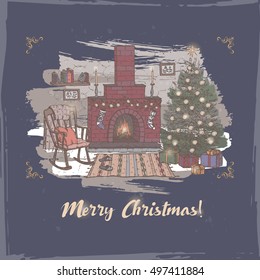 Vintage Romantic Christmas Card With Color Cozy Living Room With Holiday Decorations And Fireplace On Blue Background. Based On Hand Drawn Sketch. Great For Holiday Design.