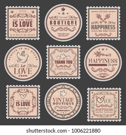 Vintage romantic colored stamps set with amorous inscriptions elegant frames pretty vignettes beautiful decor elements isolated vector illustration  