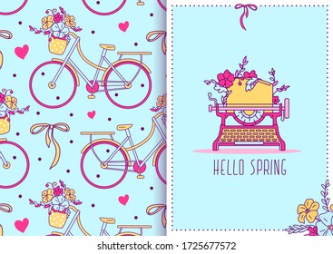 Vintage romantic concept  with a typewriter and retro bicycle ( full of flowers). Used as a layout for greeting card, tag, flyer, invitation. Two-sided or double-sided template.