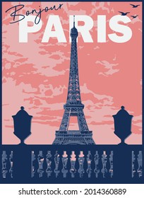 Vintage romantic eiffel tower illustration print with paris slogan for woman - girl graphic tee t shirt or poster - Vector