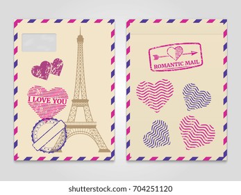Vintage romantic envelopes with Eiffel tower and love stamps. Travel postcard romantic mail envelope. Vector illustration