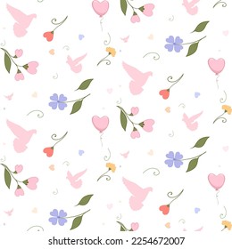 Vintage romantic floral background with hearts, flowers, bird silhouettes and air balloon in rustic style, romantic moments, holidays, wallpaper design, fabric, holiday wrapping