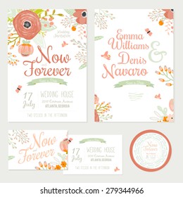 Vintage romantic floral Save the Date invitation in bright colors in vector. Wedding calligraphy card template with greeting labels, ribbons, hearts, flowers, arrows, wreaths, laurel.