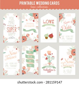 Vintage romantic floral Save the Date invitation in bright colors in vector. Wedding calligraphy card template with greeting labels, ribbons, hearts, flowers, arrows, wreaths, laurel.