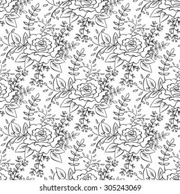 Vintage Romantic Floral Seamless Pattern with hand drawn doodle roses. Vector repeating background for festival cards decoration, textile and wallpaper