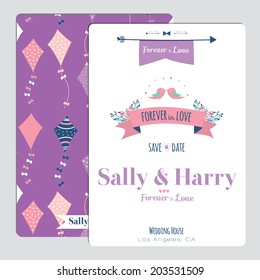 Vintage romantic flowers Save the Date invitation in bright colors in vector. Stylish wedding romantic collection template with greeting labels, ribbons, hearts, flowers, arrows, wreaths, laurel.