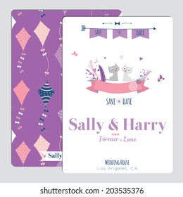 Vintage romantic flowers Save the Date invitation in bright colors in vector. Stylish wedding romantic collection template with greeting labels, ribbons, hearts, flowers, arrows, wreaths, laurel.