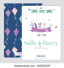 Vintage romantic flowers Save the Date invitation in bright colors in vector. Stylish wedding romantic collection template with greeting labels, ribbons, hearts, flowers, arrows, wreaths, laurel.