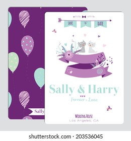 Vintage romantic flowers Save the Date invitation in bright colors in vector. Stylish wedding romantic collection template with greeting labels, ribbons, hearts, flowers, arrows, wreaths, laurel.