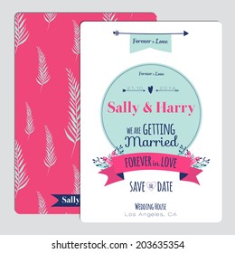 Vintage romantic flowers Save the Date invitation in bright colors in vector. Stylish wedding romantic collection template with greeting labels, ribbons, hearts, flowers, arrows, wreaths, laurel.