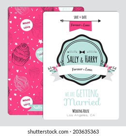 Vintage romantic flowers Save the Date invitation in bright colors in vector. Stylish wedding romantic collection template with greeting labels, ribbons, hearts, flowers, arrows, wreaths, laurel.