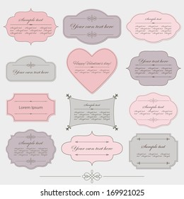 Vintage romantic frames set in pink, grey and purple colors. Can be used for Valentine's day design.