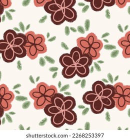 Vintage romantic hand drawn daisies as a seamless pattern. Hand drawn pastel crayon daisy flowers print design great for fabric, fashion, decoration, textile, wrapping and background. Pink and brown