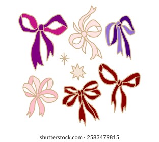 Vintage romantic hand drawn gift ribbons and bows line art illustration elements for decoration