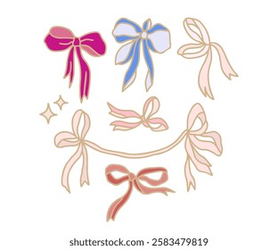 Vintage romantic hand drawn gift ribbons and bows line art illustration elements for decoration