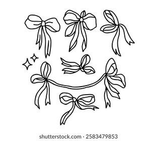 Vintage romantic hand drawn gift ribbons and bows line art illustration elements for decoration