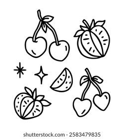 	
Vintage romantic hand drawn strawberry and cherry line art nature illustration elements