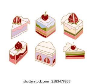 Vintage romantic hand drawn sweet strawberry and cherry cake, coffee shop line art illustration elements