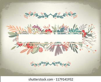 Vintage romantic horizontal card with floral frame and embellishments. Wedding vector background