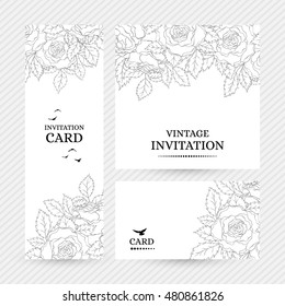 Vintage romantic invitation banners with delicate roses decoration.  Vector floral background for wedding, birthday, valentine's day or any anniversary or celebration.