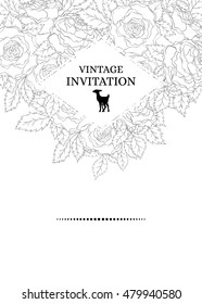 Vintage romantic invitation card with delicate roses decorations.  Vector floral background for wedding, birthday, valentine's day or any anniversary or celebration.