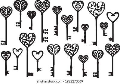 Vintage romantic keys silhouettes. Clip art set on white background