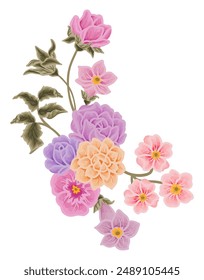 Vintage romantic lilac, pink, and purple flower bouquet arrangement with rose florals, peony, wildflower, chrysanthemum, leaf illustration elements for wedding invitation, greeting card, decorations