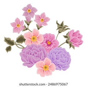 Vintage romantic lilac and purple flower bouquet arrangement with rose florals, peony, wildflower, chrysanthemum, leaf illustration elements for wedding invitation, greeting card, prints, decorations