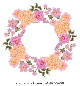 Vintage romantic lilac, purple, peach flower frame wreath arrangement with rose florals, peony, chrysanthemum, wildflower, leaf illustration elements for wedding invitation, card, prints, decorations