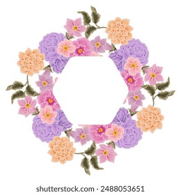 Vintage romantic lilac, purple, peach flower frame wreath arrangement with rose florals, peony, chrysanthemum, wildflower, leaf illustration elements for wedding invitation, card, prints, decorations
