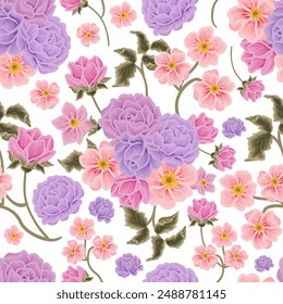 Klassische romantische Flieder, lila, pfirsichblütennahtlose Muster mit Rosenflorale, Pfingstrose, Chrysanthemen, Wildblume, Blatt-Illustrationselement für Geschenkpapier, Stoff, Textil, Drucke, Dekoration