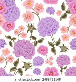 Vintage romantic lilac, purple, peach flower seamless pattern with rose floral, peony, chrysanthemum, wildflower, leaf illustration element for gift wrapping paper, fabric, textile, prints, decoration
