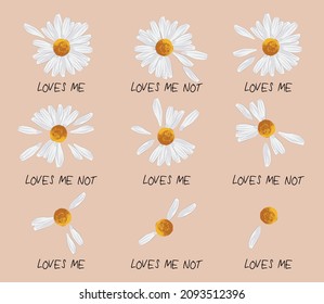 Vintage romantic loves me loves me not slogan print with cute daisy flowers illustration for graphic tee t shirt or poster - Vector