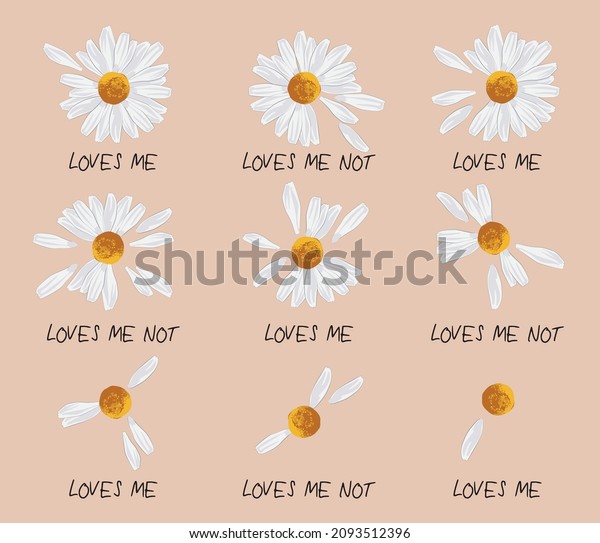 Vintage romantic loves me loves me not slogan
print with cute daisy flowers illustration for graphic tee t shirt
or poster - Vector