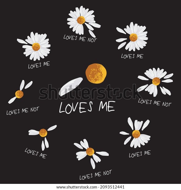 Vintage romantic loves me loves me not slogan\
print with cute daisy flowers illustration for graphic tee t shirt\
or poster - Vector