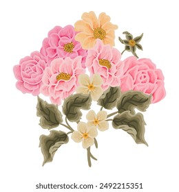 Vintage romantic pink and yellow flower bouquet arrangement with rose florals, peony, wildflower, chrysanthemum, leaf illustration elements for wedding invitation, greeting card, decoration