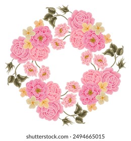 Vintage romantic pink, yellow, peach flower frame wreath illustration with rose florals, peony, chrysanthemum, wildflower arrangement, leaf elements for wedding invitation, card, prints, decoration