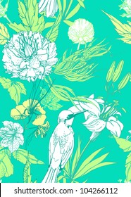 Vintage romantic seamless pattern with bird and flowers