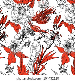 Vintage romantic seamless pattern with bird and flowers