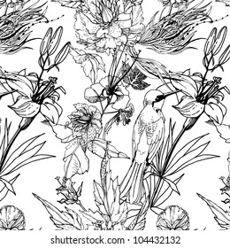 Vintage romantic seamless pattern with bird and flowers