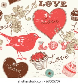 Vintage romantic seamless pattern with bird