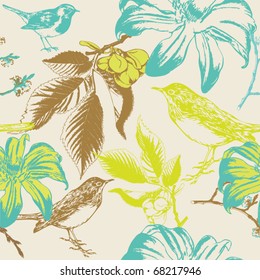 Vintage romantic seamless pattern with bird and flowers