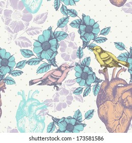 Vintage romantic seamless pattern with bird,flower, heart and polka dots. Vector hand drawn illustration with watercolor.