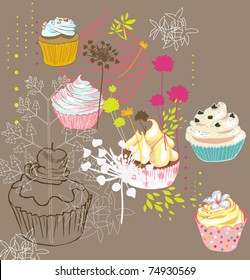 Patrón romántico vintage sin costura con cupcake