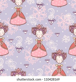 Vintage romantic seamless pattern with princesses. Tea time.