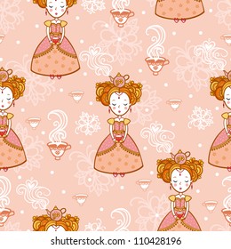 Vintage romantic seamless pattern with princesses. Tea time.