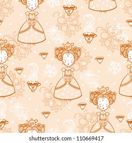 Vintage romantic seamless pattern with princesses. Tea time.