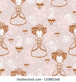 Vintage romantic seamless pattern with princesses. Tea time.