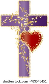 Vintage romantic style purple latin cross with decorative golden foliage vine, with a red heart